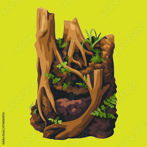 Vector Illustration of Tree Stump with Roots and Green Plants