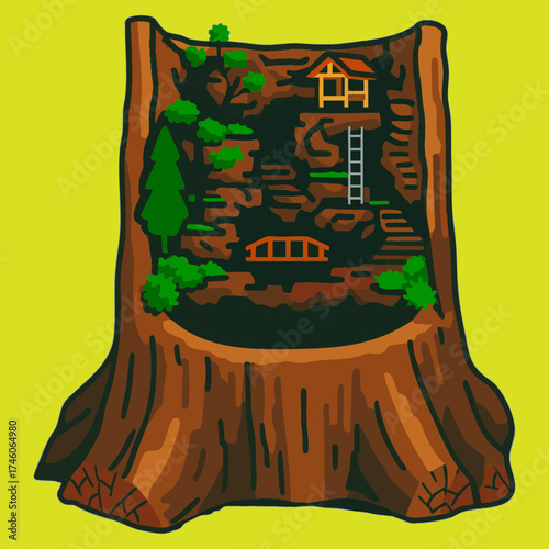 Vector Illustration of Fantasy Tree Stump House with Miniature Landscape
