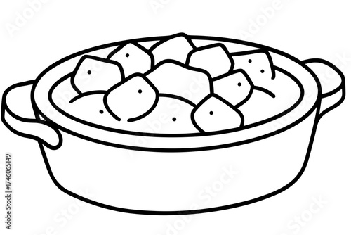 line art Sweet potatoes with marshmallows, baked dish, vector illustration