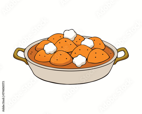 Sweet potatoes with marshmallows, baked dish, vector illustration