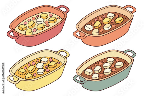 set of Sweet potatoes with marshmallows, baked dish, vector illustration