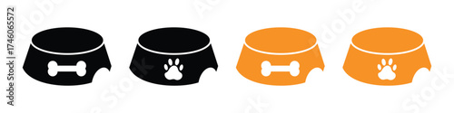 Dog and Cat Food Bowl Vector — Pet Feeding Icon in Black and White, Kibble Illustration.