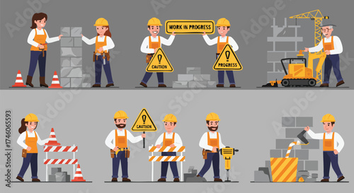 A collection of construction workers in various poses, demonstrating teamwork and building a structure with tools and safety signs.