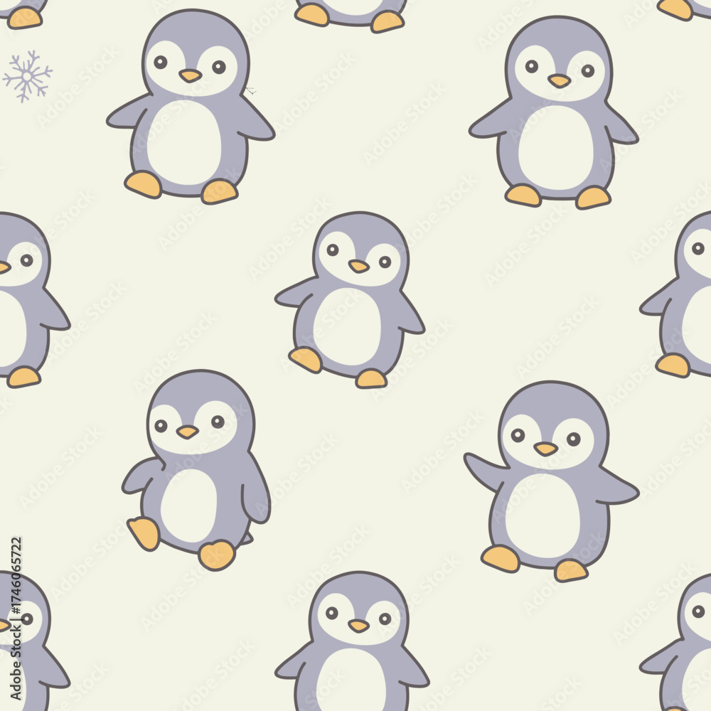 Naklejka premium A repeating pattern of cute cartoon penguins on a light background.