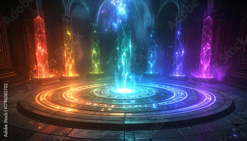 光の柱が立ち上るファンタジックな魔法陣	