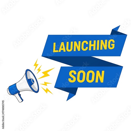 Blue banners with megaphone announcing new product launch soon.