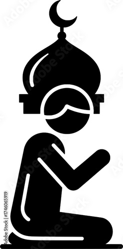 Muslim Man Praying Icon with Mosque Dome and Crescent Moon Symbol