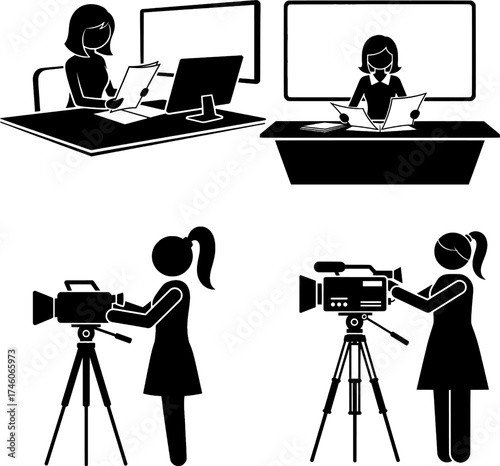 Journalist, Newscaster, and Camerawoman Stick Figure Icons Set