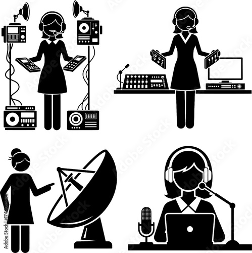 Female Audio Engineer, Radio Host, and Satellite Communication Icons Set
