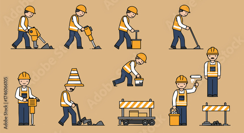 Illustrated construction workers performing various tasks, from using jackhammers to painting, showcasing a range of building activities.
