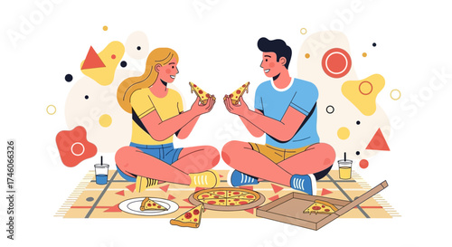 Happy Couple Enjoying a Pizza Picnic Outdoors During a Leisure Time Together