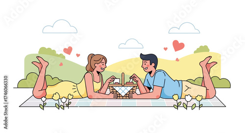 Happy Couple Enjoying A Romantic Picnic, Sharing a Basket Of Food, Lying Outdoors