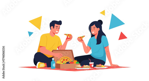 Happy Couple Enjoying Delicious Pizza Together Under Colorful Triangular Elements