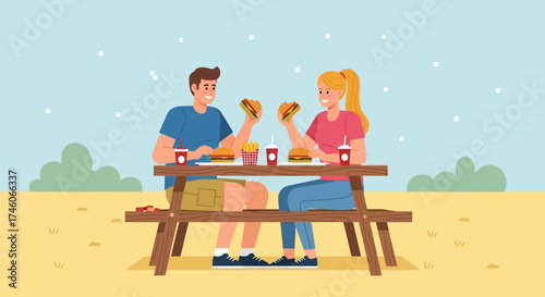 Happy Couple Enjoying Burgers and Fries at a Picnic Outdoors in the Sunny Day