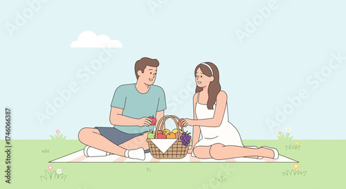 Happy couple on a picnic with fruits, enjoying their time, dating, and relaxation