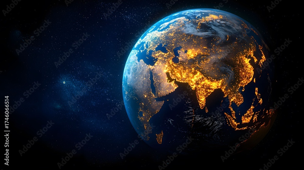 Fototapeta premium Earth viewed from space shows continents with glowing city lights shining through the darkness, set against a background of stars and in deep space.