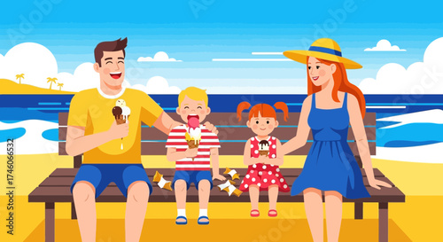 Happy Family Relaxes Together on the Sunny Beach Day Enjoying Ice Cream During Vacation
