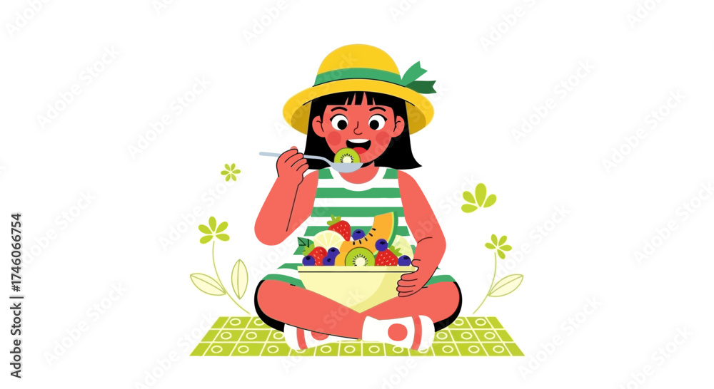 Naklejka premium Happy Girl Enjoying Fresh Fruits While Relaxing Outdoors In A Colorful Sunny Day