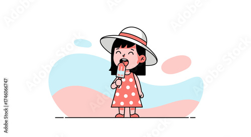 Happy Girl Enjoying Fruity Icy Treat While Wearing a Sun Hat During the Summer