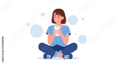 Happy Girl With Milk in Hands Sitting Down While Smiling and Relaxing, Vector Illustration