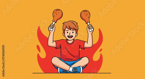 Happy Young Boy Rejoicing Celebrating Victory Holding Two Delicious Fried Chicken Legs