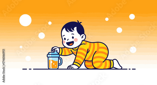 Happy Infant Reaching For Sippy Cup With Juice Depicting Contentment And Delight