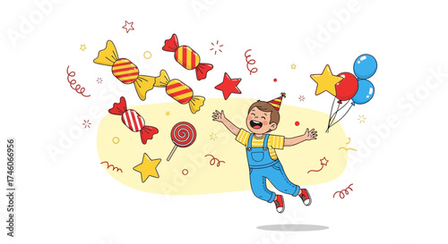 Happy kid celebrating a birthday with floating candies and balloons cartoon illustration