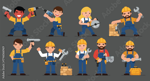 A diverse group of construction workers, each holding different tools, ready for various building and repair tasks, on a gray background.
