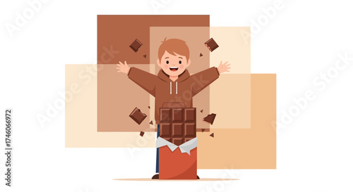 Happy kid celebrating with chocolate bar against abstract brown and orange background
