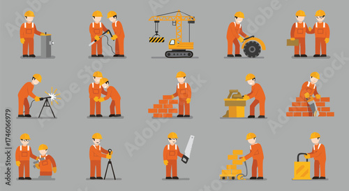 Illustration of construction workers in various activities, including building, operating machinery, and collaborating on projects, on a neutral gray background.