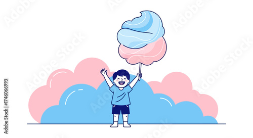 Happy kid excited with cotton candy in a cute cartoon illustration style