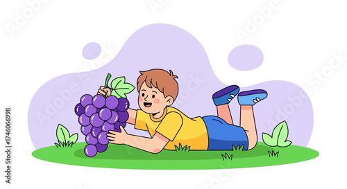 Happy Youngster Enjoying Grapes, Illustrating Happiness, Summer, and Healthy Lifestyle