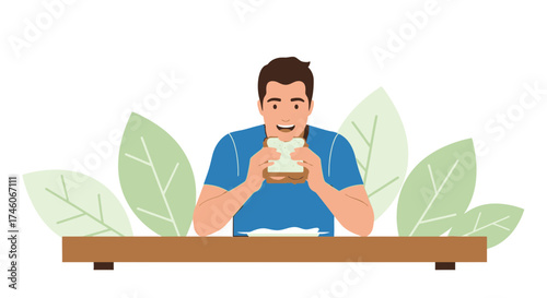 Happy Man Eating A Sandwich, Illustration Concept Of Healthy Food, Lifestyle, And Nourishment