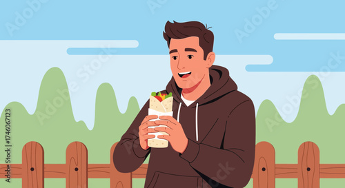 Happy Man Enjoying a Delicious Wrap Outdoors in a Scenic Setting Always Feeling Pleased
