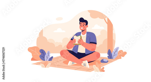 Happy man eating sandwich during picnic in the park on a sunny day