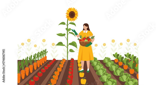 Harvesting Abundance: Woman in Garden Surrounded by Vegetables and Large Sunflower