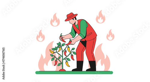 Harvesting Chili Peppers: Illustration Depicting Agriculture and Spicy Food Production