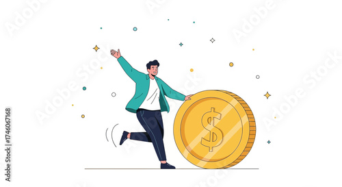 Happy man with a coin represents financial success and business prosperity concept