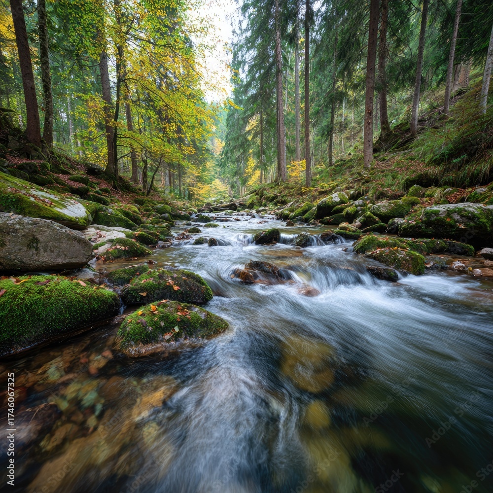 Fototapeta premium Flowing river through lush forest landscape with green foliage