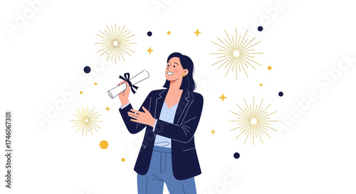 Happy Woman Celebrating Graduation With Diploma And Decorative Elements