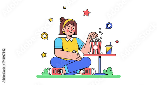 Happy Woman Enjoying Movie: Eating Popcorn and Drinking Beverages During Break Time