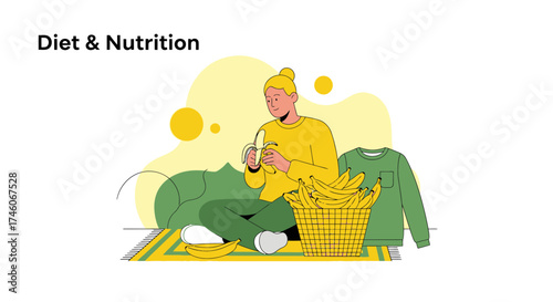 Healthy Eating: A Woman Eating a Banana in an Illustrated Diet and Nutrition Scene