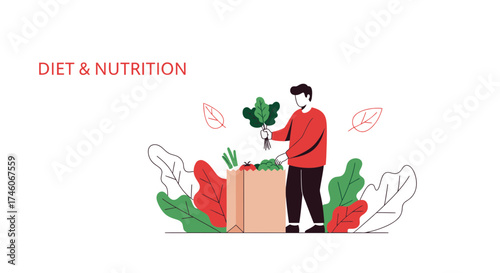Healthy Eating And Nutrition, Young Man Choosing Fresh Vegetables From The Grocery Bag