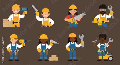 A diverse group of construction workers, each holding tools, ready to build and create, showcasing teamwork and skill in the field.