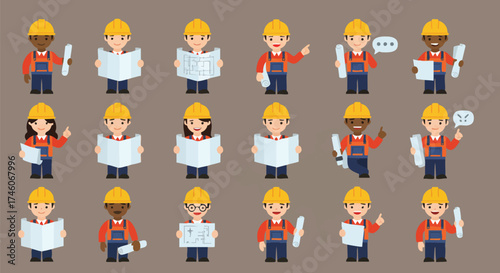 A diverse group of construction workers in various poses and actions, wearing hard hats and holding blueprints, ready for work.