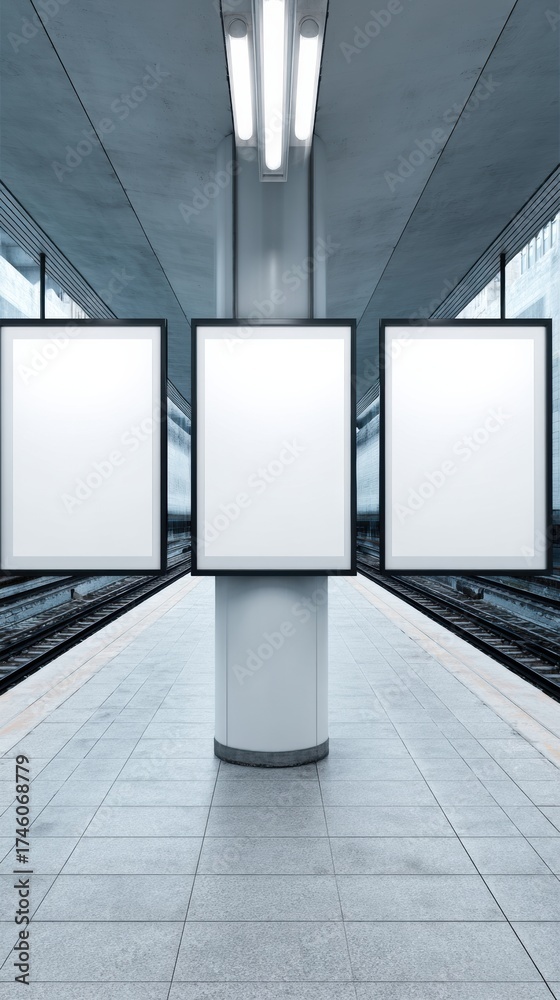 Fototapeta premium Modern Blank White Billboard Screens in Urban Metro Station Premium High-Quality Space for Business Advertising and Creative Marketing Campaigns