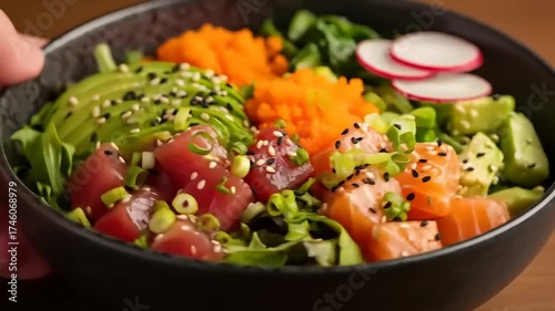 A hand holding a fresh and delicious Hawaiian poke bowl filled with raw tuna, salmon, avocado, and tobiko fish roe