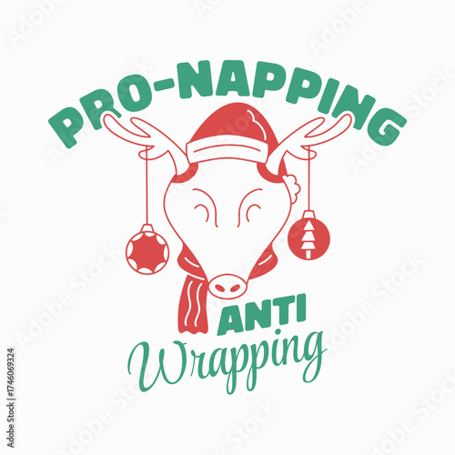  Pro napping anti wrapping funny holiday shirt, Christmas feast mode activated t-shirt graphic, Humorous reindeer napping wrapping anti design, Festive food eating mode activated tee print.