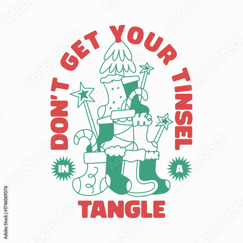 Don't Get Your Tinsel In A Tangle shirt, funny Christmas holiday t-shirt design, whimsical festive tinsel tangle apparel, unique Christmas stocking graphic tee gift