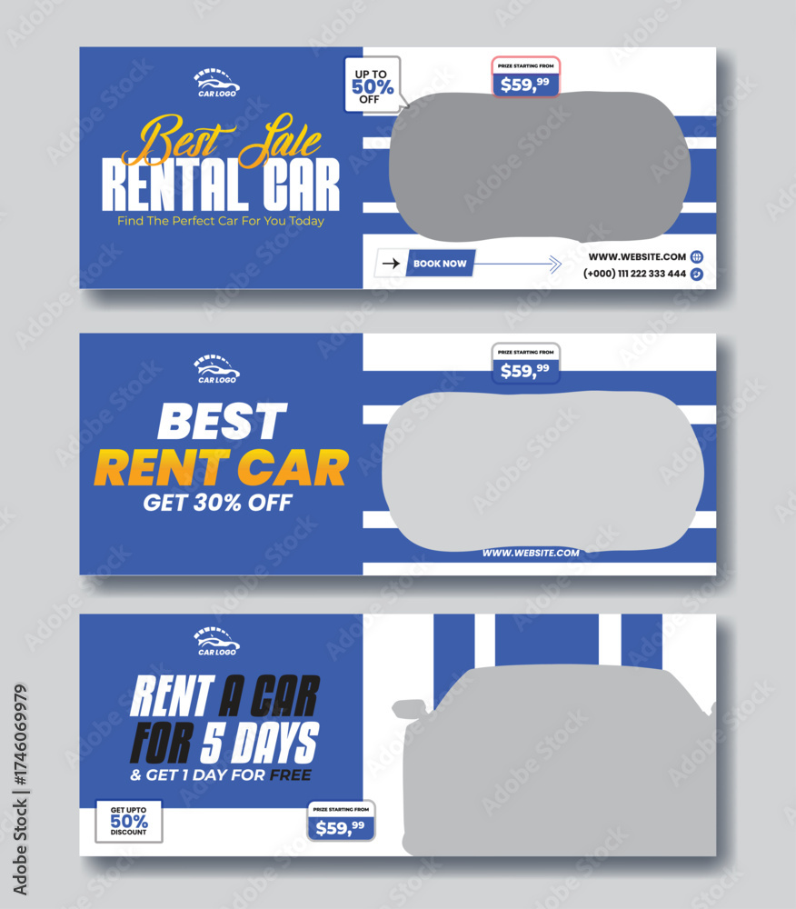 Fototapeta premium Car rent facebook cover page bundle design, web banner for car promotion, sale banner template